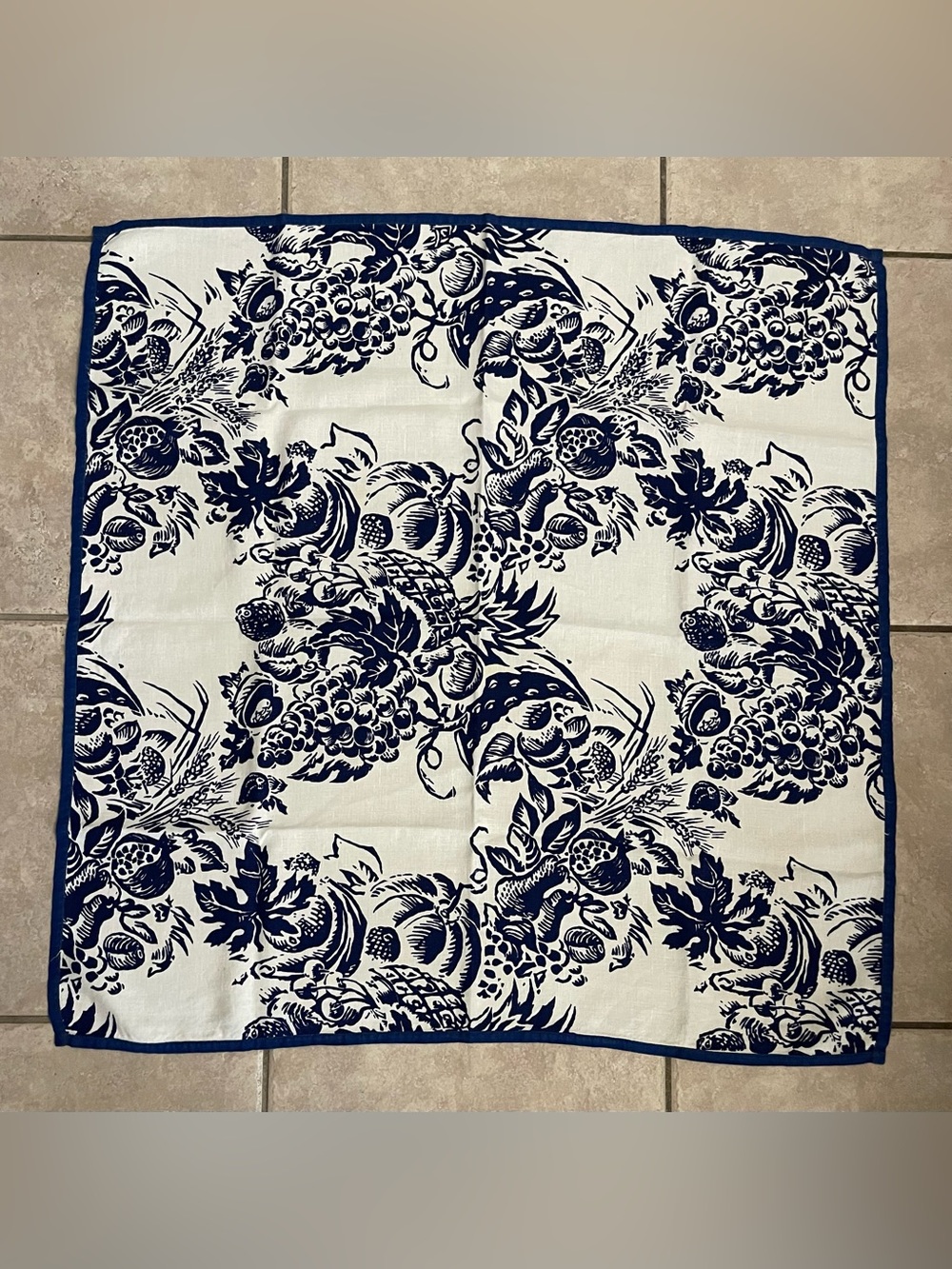 VTG Cottagecore Blue & White Fruit Toile
Square Tea Tablecloth, Approx. 35”x 35”